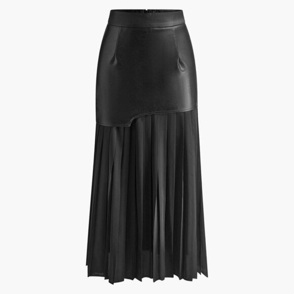 NEW Asymmetric Faux Leather Chiffon Pleated Maxi Skirt Size XL - Picture 1 of 14